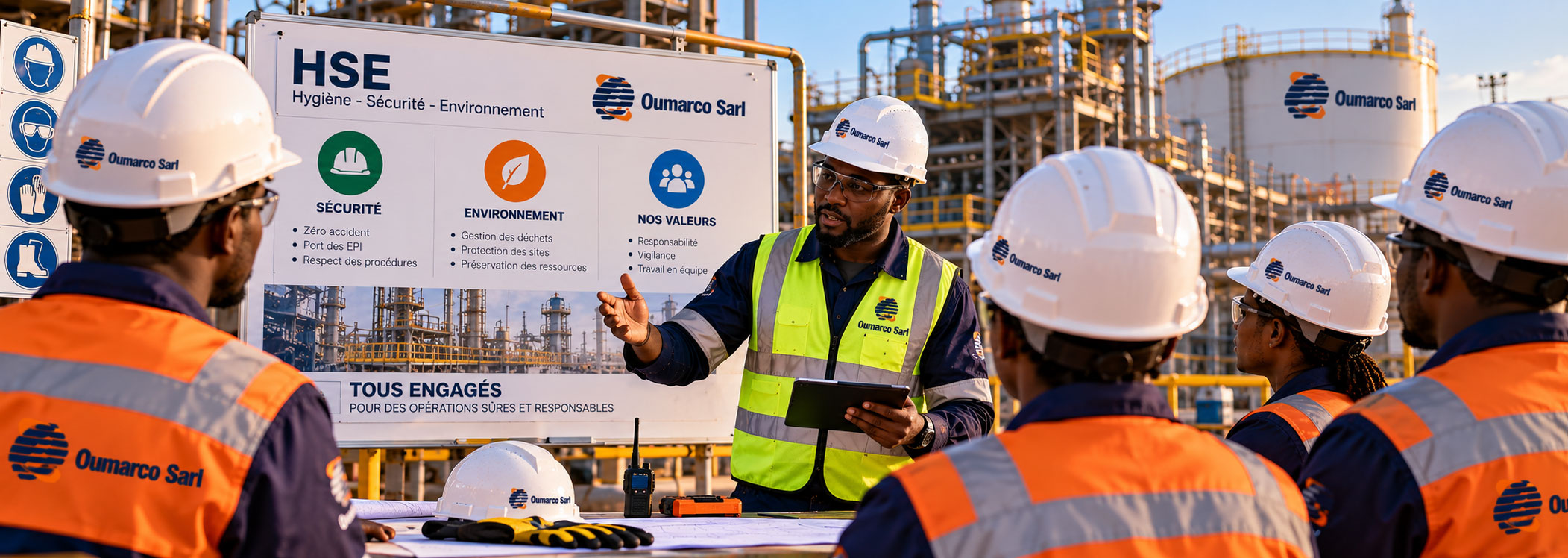 Équipe HSE OUMARCO en briefing sécurité sur un site industriel